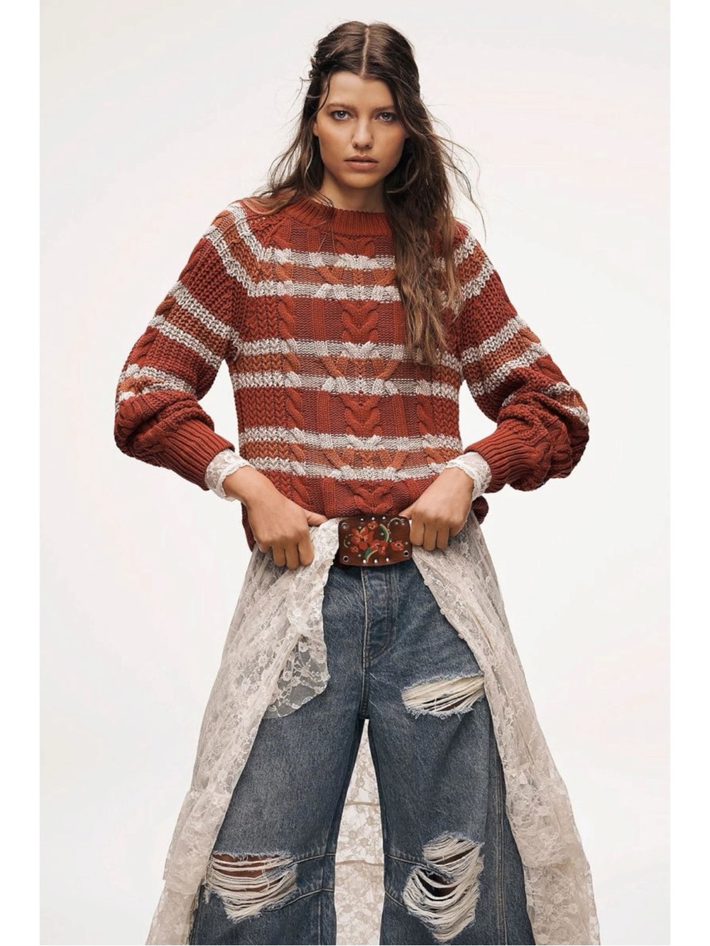 Free People Frankie Striped Cable Knit Cotton Sweater in Red Combo Medium NWT